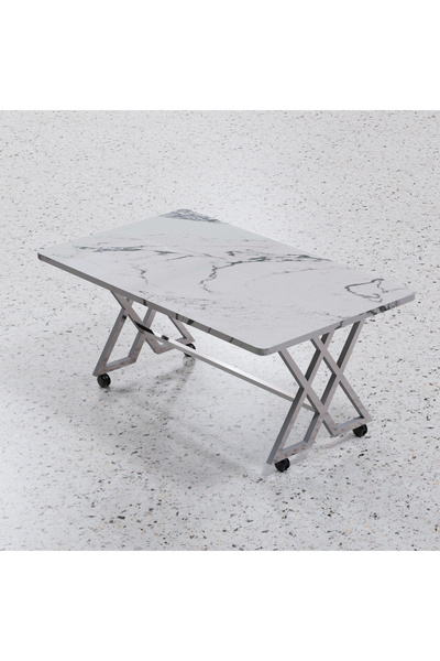 makbulce Reyyan Orta Sehpa Gümüş Metal Ayak Tekerlekli Beyaz Mermer 70 X110