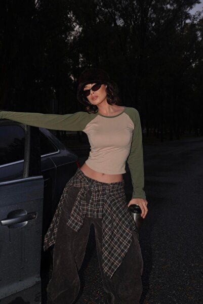 Köstebek Haki Raglan Kollu Kahverengi Basic Uzun Kollu Crop