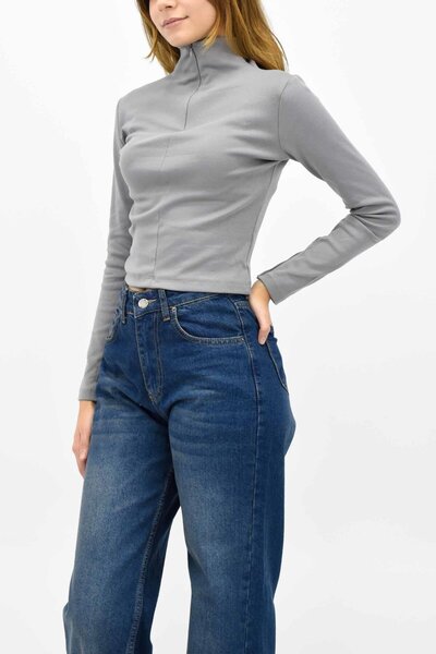 birizmoda Stand Collar Zippered Blouse - Gray