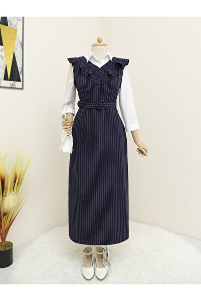 Modamorfo Φόρεμα Gilet με ριγέ ζώνη και βολάν στο λαιμό - Ναυτικό