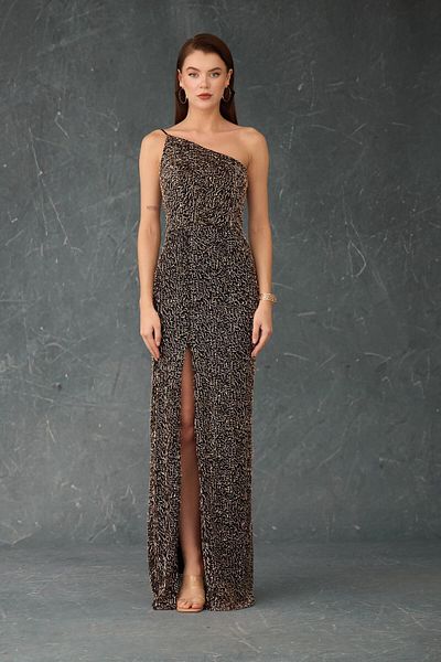 Carmen Black Gold One Shoulder Slit Sequined Evening Dress