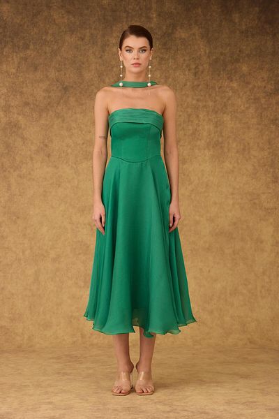 Carmen Green Strapless Satin Evening Dress with Shawl