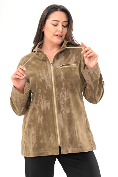 Bushe Butik Büyük Beden Kapüşonlu Batik Desen Haki Trençkot