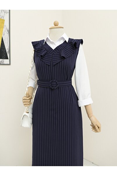Modamorfo Φόρεμα Gilet με ριγέ ζώνη και βολάν στο λαιμό - Ναυτικό