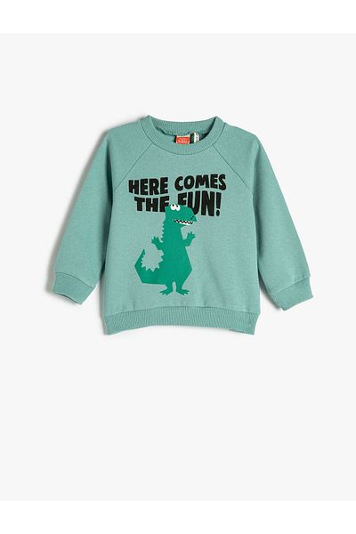 Koton Dinosaur Printed Sweatshirt Long Sleeve Crew Neck Raised Cotton