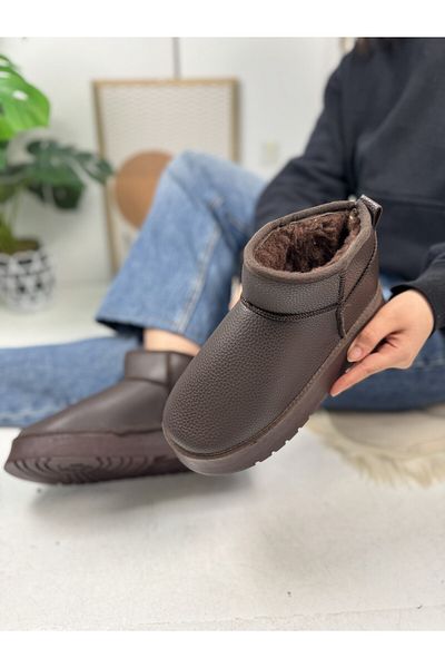 İmerShoes Γυναικείες μίνι δερμάτινες μπότες casual - Καφέ στάμπα, ψηλή σόλα, γούνα στο εσωτερικό, άνετα και ελαφριά κοντά μποτάκια 800-u