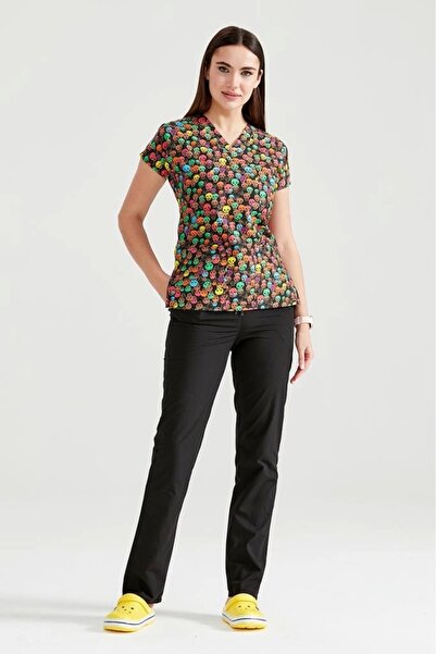 Moodamedikal Renkli Kuru Kafa Desenli Likralı Kumaş Cerrahi Tek Üst V Yaka Forma