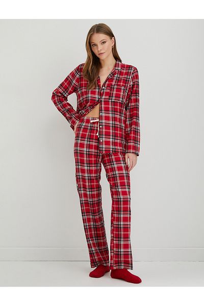 Koton Top pijama în carouri, cu mâneci lungi cu nasturi, cu buzunare, tematică de Crăciun
