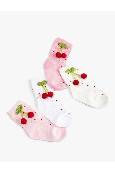 Koton Socks Cherry Applique Detailed Cotton Blend 3-Piece