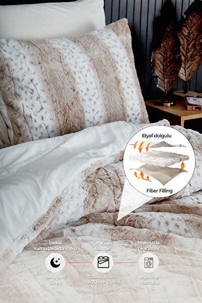 Evlen Home Collection Mdre Double Fur Quilt Filled Plush Soft Wellsoft Bedspread 3 Piece Set Beige