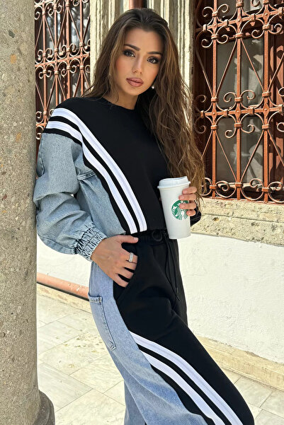 GÜLSELİ Fekete farmer díszítésű pulóver nadrág dupla szett