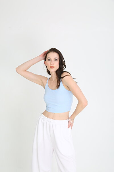 EDSA Mavi Askılı Sıfır Kol Şık Günlük Kadın Crop