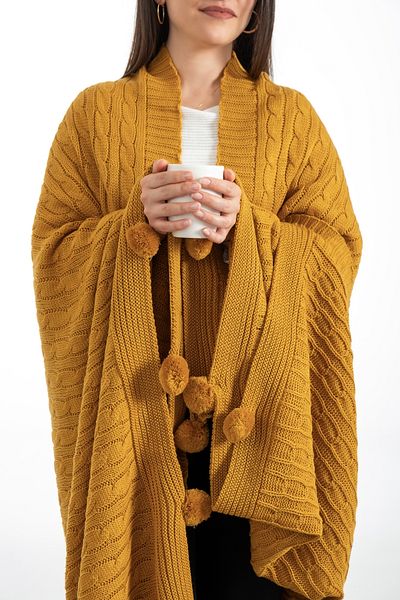 Sevim Pătură TV cu pompon tricot - șal pentru umeri și șal - pătură pentru genunchi - 130x170cm - muștar