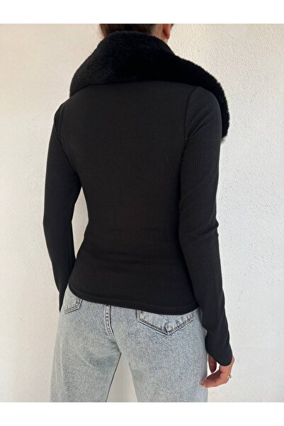 Modamorfo Blouse with Fur Collar and Front Zipper