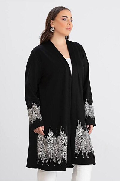 FOR ESRA BIG TREND Γυναικεία Ζακέτα από βισκόζη με μοτίβο μπροστά ανοιχτή μακριά ελαστική ζακέτα βισκόζης (μήκος 103 cm)