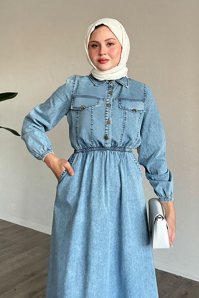 InStyle Rochie albastră din denim cu detaliu de acoperire și talie elastică