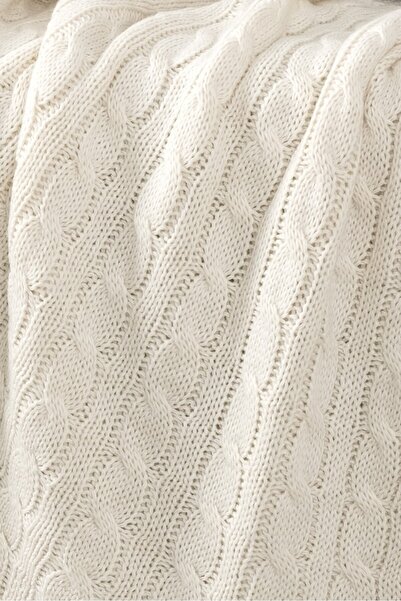 Sevim Ponponlu Triko Örme Tv Battaniyesi – Koltuk & Omuz Şalı & Diz Battaniyesi – 130x170cm - Krem