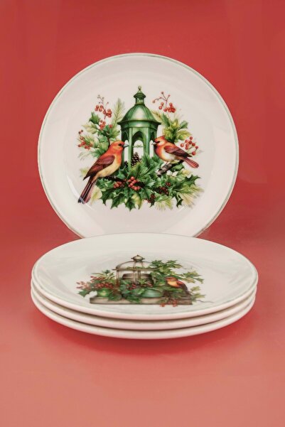 Bursa Porselen Dekor Birdhouse yeşil kenarlı 4 parça pasta tabağı