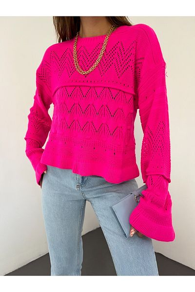 Modamorfo Openwork Pompom Long Sleeve Knitwear Sweater -Fuchsia