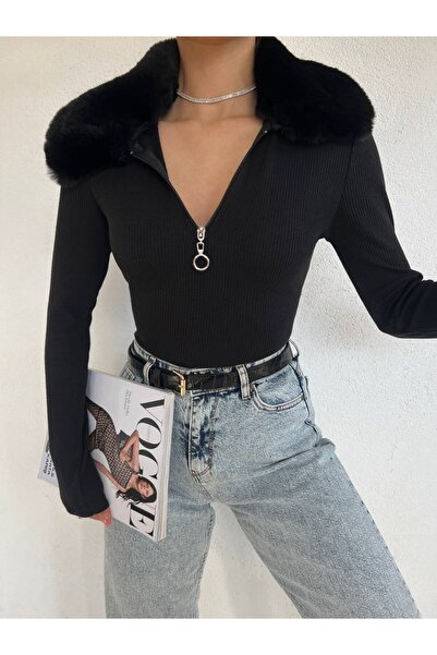 Modamorfo Blouse with Fur Collar and Front Zipper