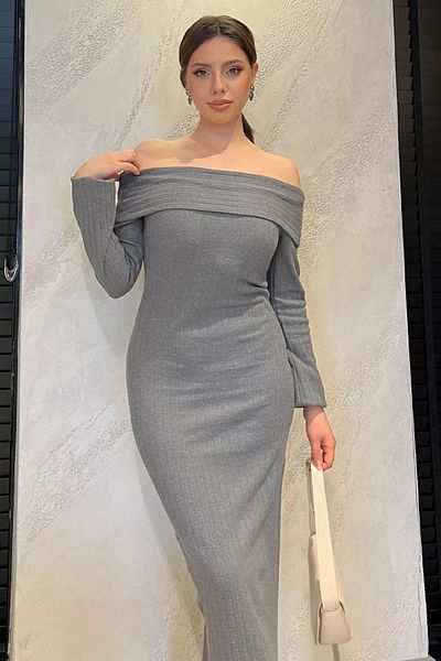 GÜLSELİ Σκούρο γκρι γυναικείο μακρύ φόρεμα Madonna Collar