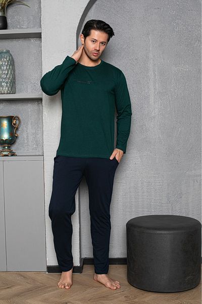 Huq Moda Sude ανδρικό μπαμπού χακί βαμβακερό χτενισμένο μακρυμάνικο σετ πιτζάμες με λεπτομέρεια τσέπης με απαλή υφή
