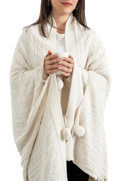 Sevim Knitwear Pompom Tv Blanket - Seat and Shoulder Shawl - Knee Blanket - 130X170Cm - Cream
