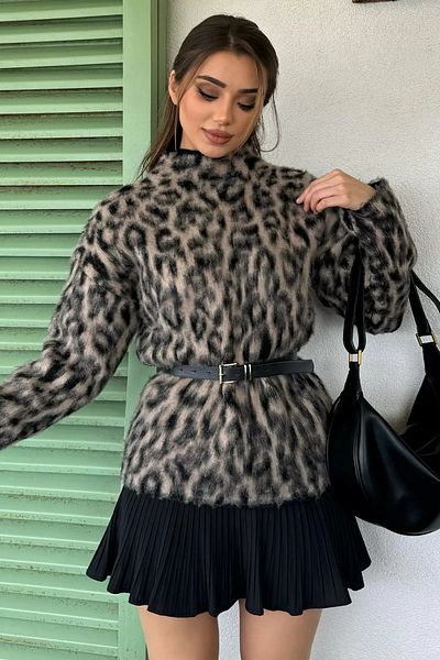 GÜLSELİ Pulover de damă negru bej cu model leopard cu barbă