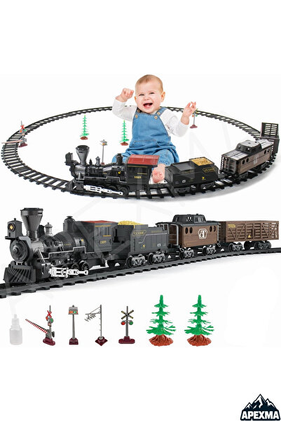 Apexma Işıklı Ve Sesli Buhar Çıkartan Oyuncak Tren - 29 Parça Raylı Buharlı Tren Demiryolu Seti