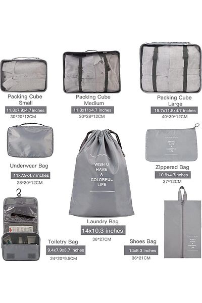 COOYA 8 Pcs Travel Cubes,lightweight,with Large Toiletries Bag For Clothes Shoes Cosmetics,grey