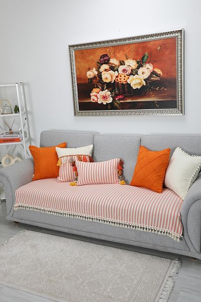 Aisha's Design Pompom and Tassel Detailed Striped Sofa Cover 90X210 Cm,Ko-39
