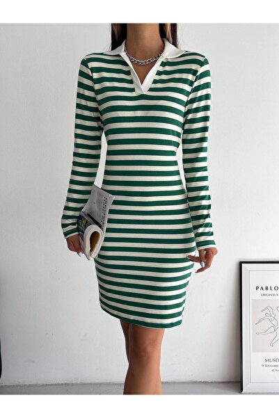 Modamorfo Collared Striped Long Sleeve Dress - Green