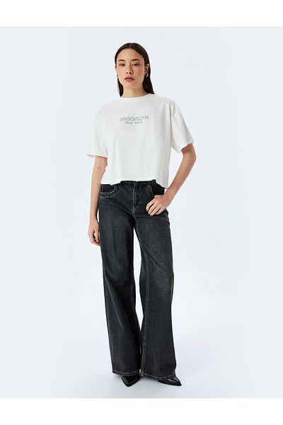 Koton Slogan Print Short Sleeve Crop Crew Neck T-Shirt