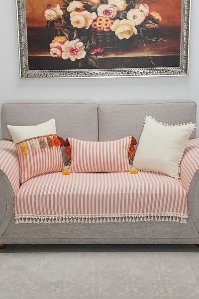 Aisha's Design 90X155 cm Striped Sofa Cover - Pompom and Tassel Detail, Ko-39Ik
