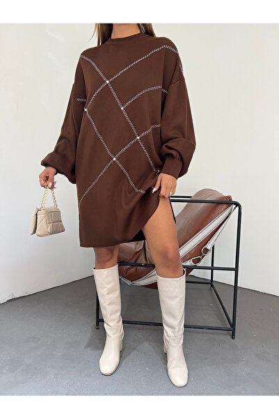 Modamorfo Balonový rukáv, pletená tunika s perličkami - hnědá