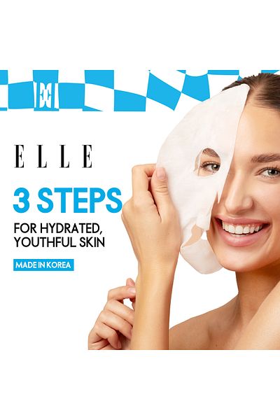 ELLE Anti-Aging Hyaluron Moisture Mask 3-Step Care Kit - Hydrating Ampoule Mask, Pack of 4