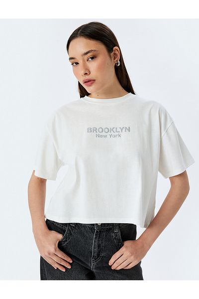 Koton Slogan Print Short Sleeve Crop Crew Neck T-Shirt