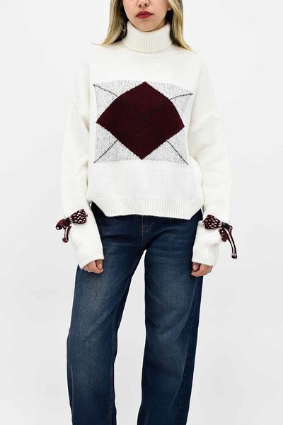 birizmoda Pulover Argyle cu gât rotic - alb