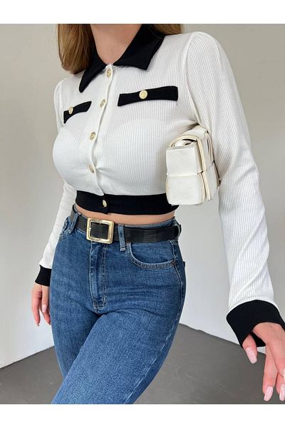 Modamorfo Buttoned Pocket Detailed Crop Cardigan
