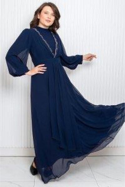 SUBU TASARIM Navy Blue Chiffon Evening Dress with Stone Print Detail, Tbs950