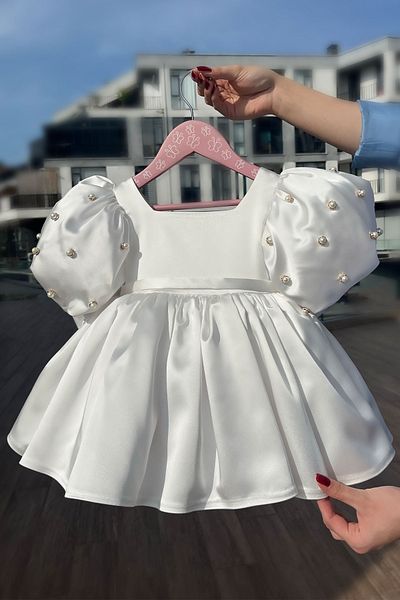 Bertuğ Bebek Βραδινό φόρεμα με μανίκια με μαργαριτάρια για κορίτσια Baby Satin Off White Νυφικό