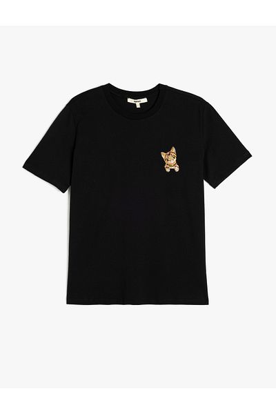 Koton Tricou cu mânecă scurtă din bumbac, cu decolteu, cu detaliu de broderie pentru pisici