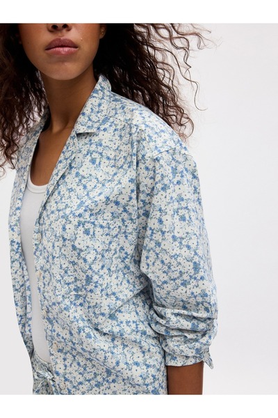 GAP Kadın Mavi Desenli Poplin Pijama Üstü