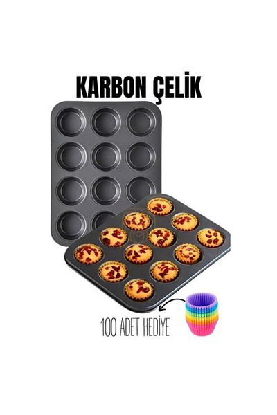 HayMed Modacar 12 Li Muffin Mold Teflon Steel 100 with Muffin Papers