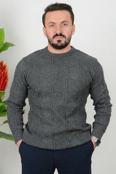 Edwox Ανδρικό πλεκτό πουλόβερ με μοτίβο Anthracite Slim Fit - Crew Neck Edw018