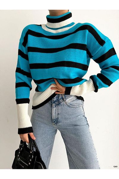 vuvutasarım Pulover oversize din tricotaje cu dungi de sezon nou cu gât înalt 0243