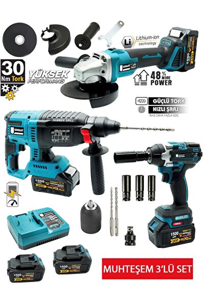 Germany Style 3'Lü Set 99880VPX Kömürsüz Şarjlı Taşlama- Şarjlı Hilti-13mm -Şarjlı Somun Sıkma-Matka