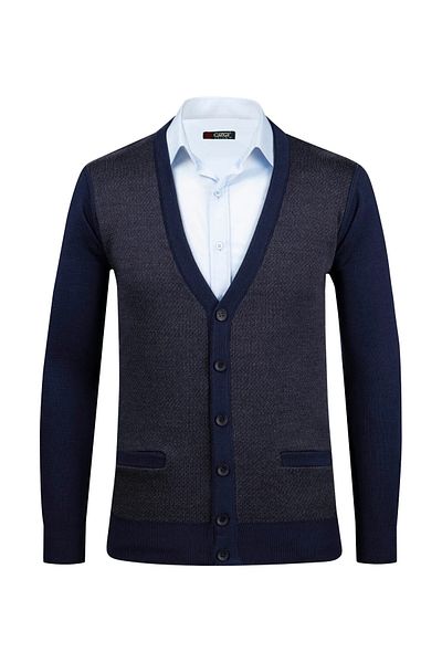 Çizgi Triko Men's Plus Size Patterned Knitwear Cardigan - Steel Knit, Elastic Sleeve and Waist, 5014Mb Parlement