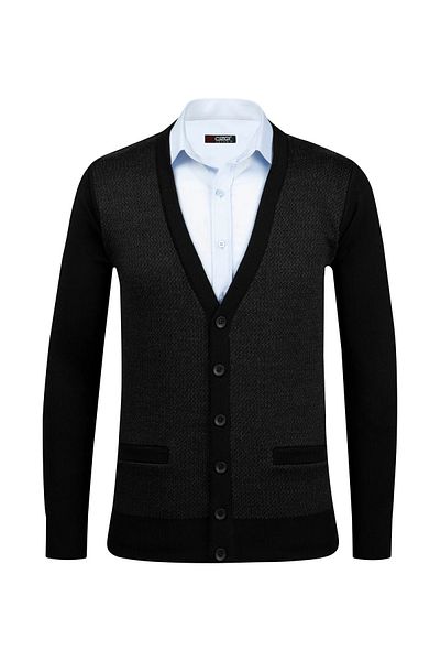 Çizgi Triko Stripe Knitwear Men's Large Size Pattern Sleeve and Waist Elastic Steel Knit Knitwear Cardigan 5014Mb Black