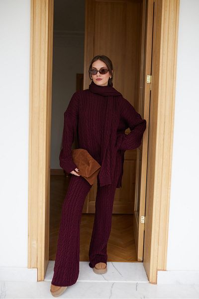 Askı Nişantaşı Burgundy Weft Hair Braided Knitwear Pants Set(I Pre-Order Product Will Take Off after 03-01-2025